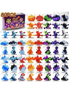 80Pcs Halloween Fidget Toys & Mini Pop Keychains, Kids Party Favors & Treat Bags